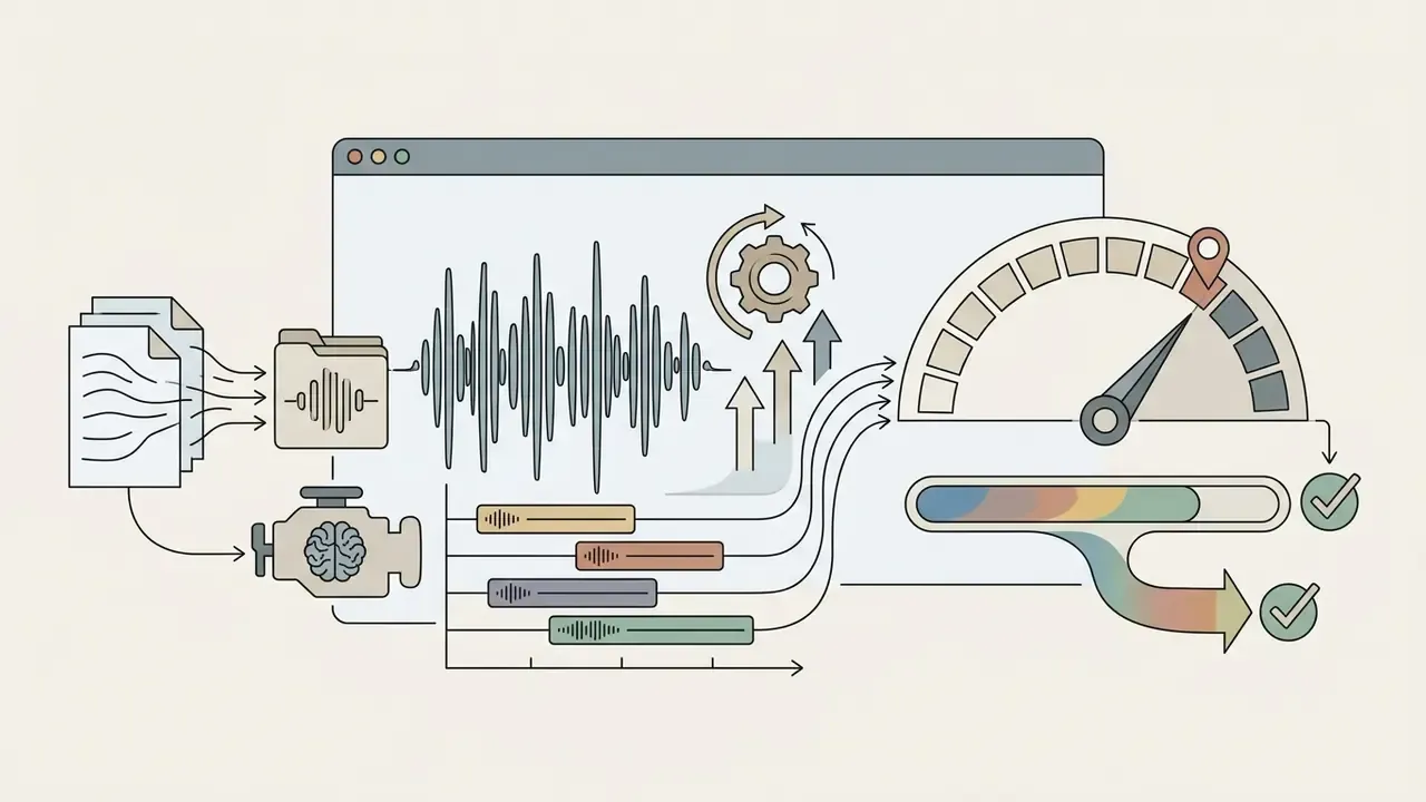 Documents and brain processor feeding audio waveforms into a gauge and status bar for quality validation