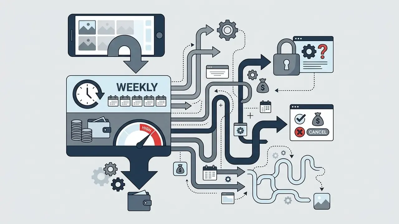 Mobile app interface leading to a weekly billing cycle with complex paths to locked settings and cancellations