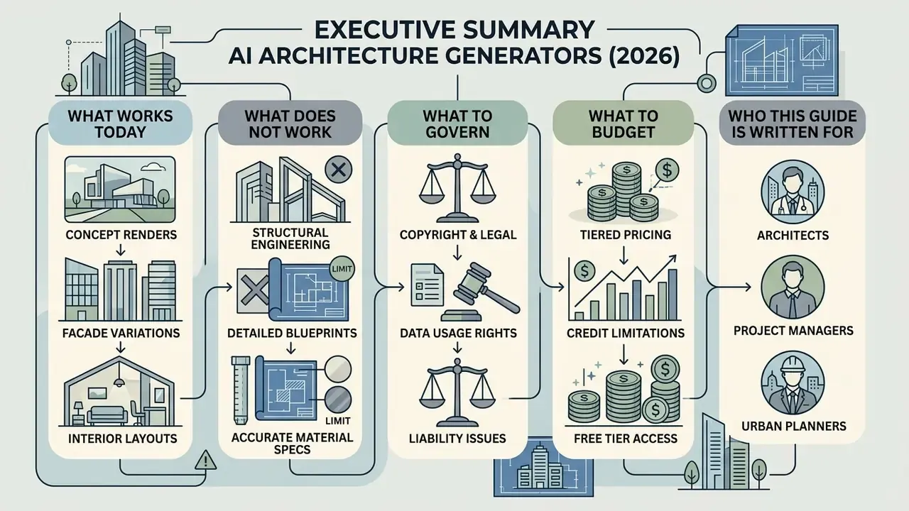 Infographic flowchart outlining key considerations for using AI architecture generators in professional design