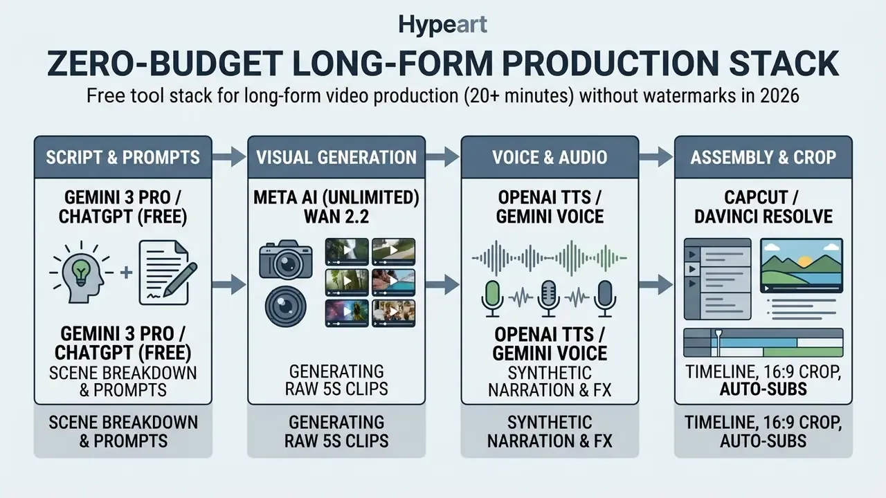 Four-step workflow diagram for no-watermark AI video production from script to final assembly