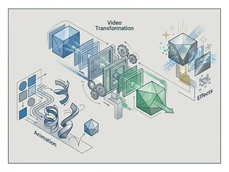 Isometric flow chart depicting Pika Labs AI video generator features for animation and transformation