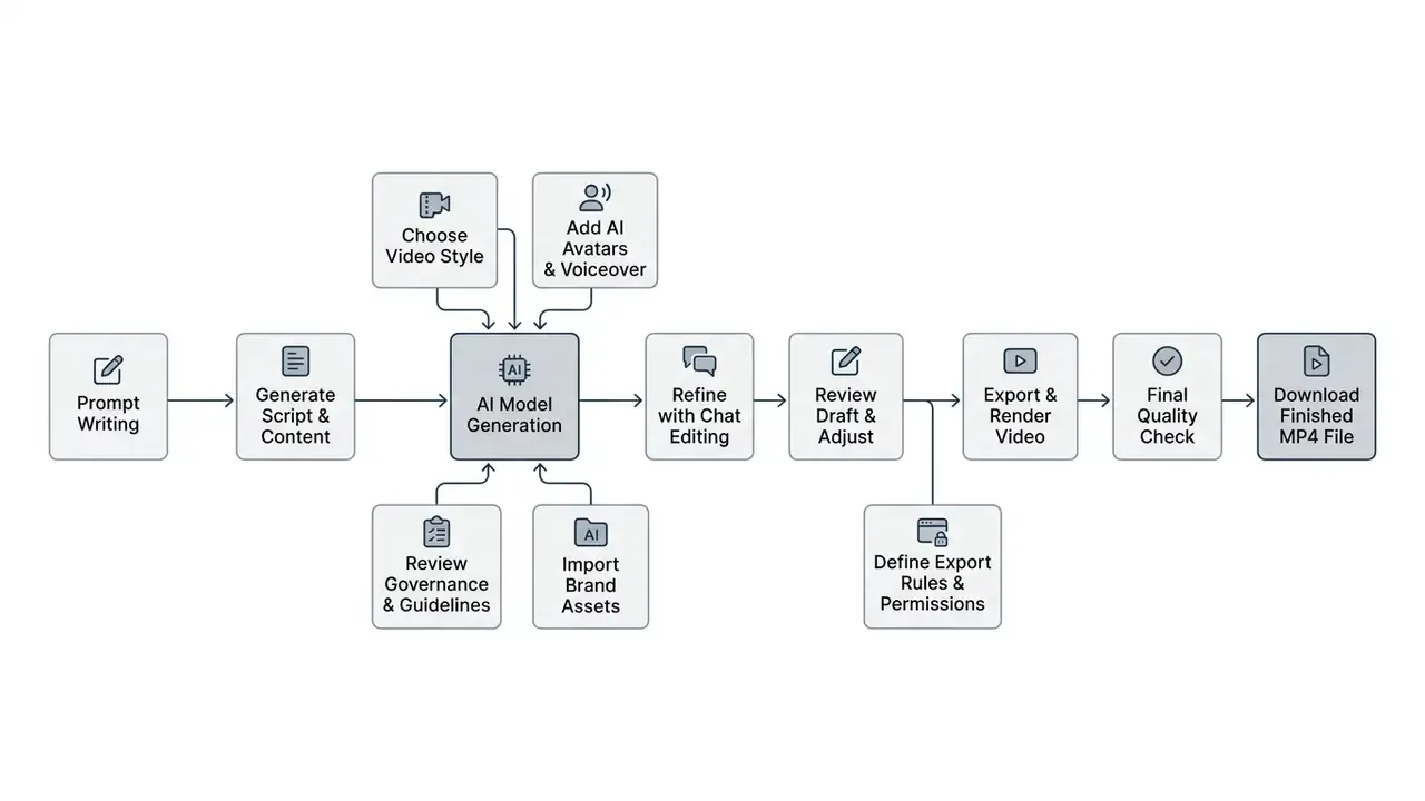 Process diagram showing steps from prompt writing through AI generation to downloading an MP4 file