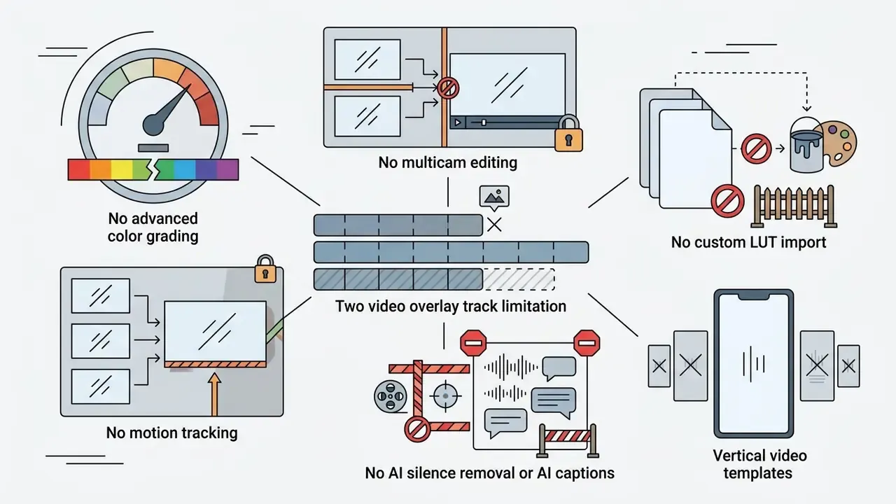 Icons illustrating limitations for an iPhone video editor including track limits and missing AI features