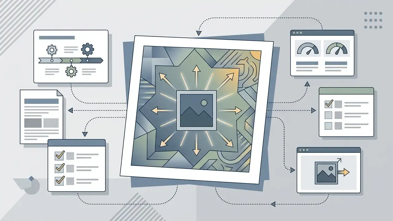 Image expansion icon surrounded by panels showing performance gauges and task checklists for AI art tools