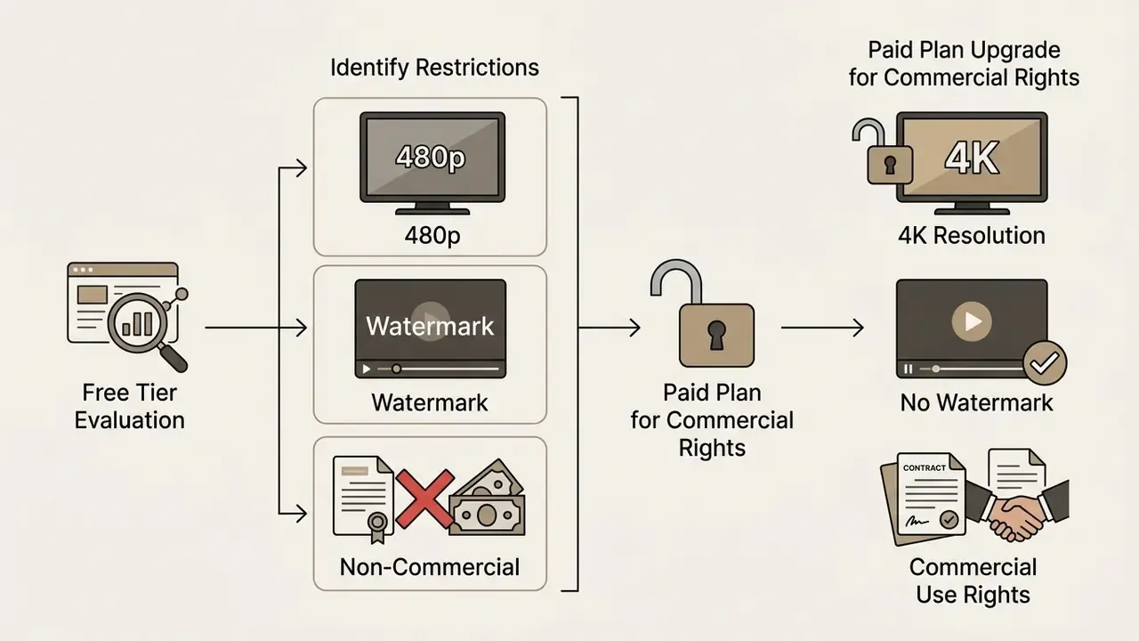 Flowchart showing how a free tier evaluation leads to plan restrictions versus commercial upgrades