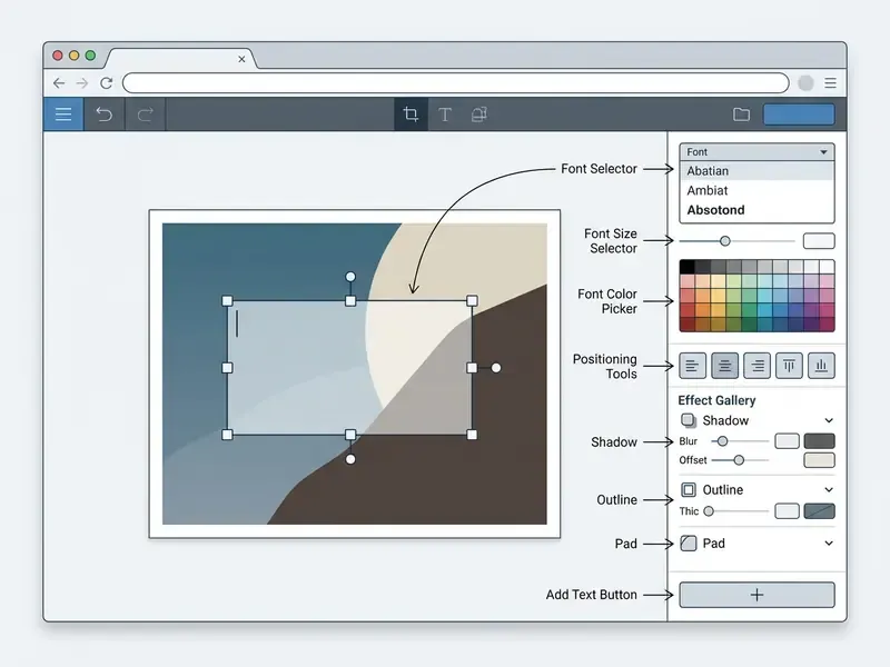 Annotated interface of an add text to image online editor showing typography and effect controls