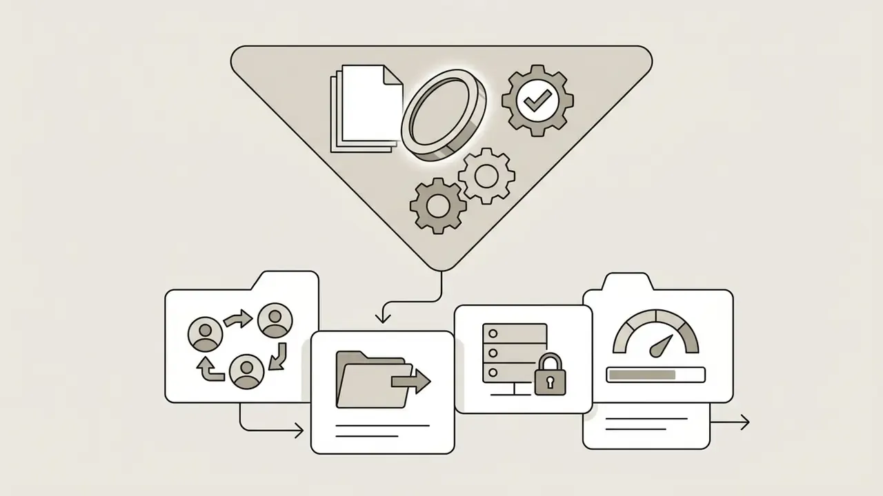 Inverted triangle funnel processing documents and coins into team collaboration, storage, and speed tools