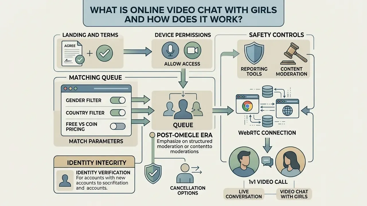 Flowchart detailing the steps of online video chat with girls from user matching to live connection