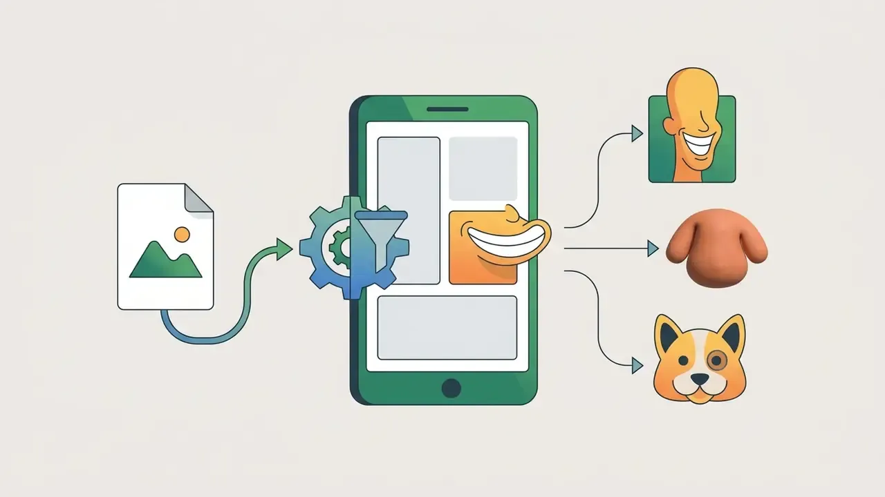 Image file passing through a gear and funnel into a smartphone to become caricature and pet style icons