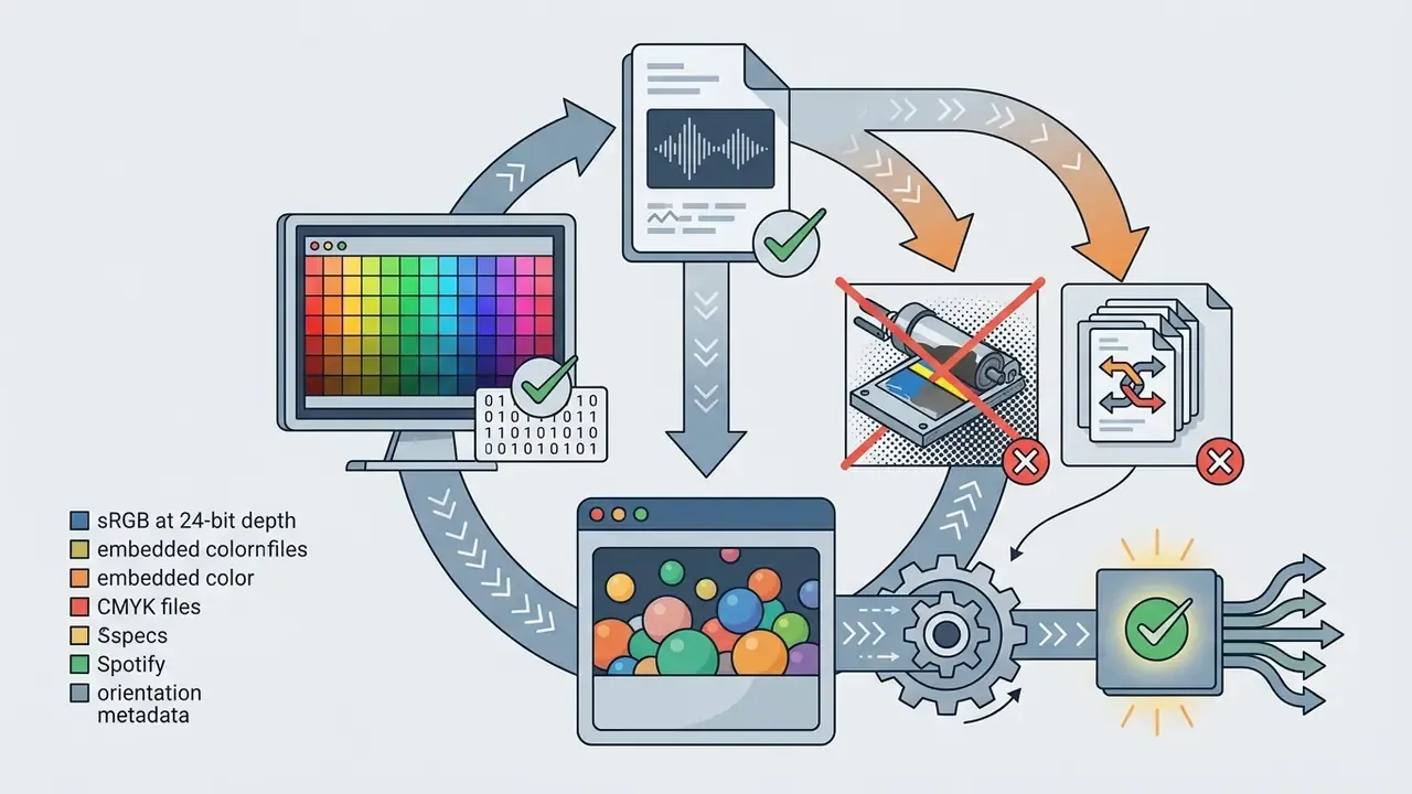 Cycle of icons showing color profile validation and file format requirements for digital artwork