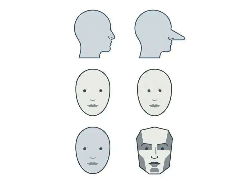 Three pairs of human head silhouettes showing how an AI caricature generator exaggerates facial features