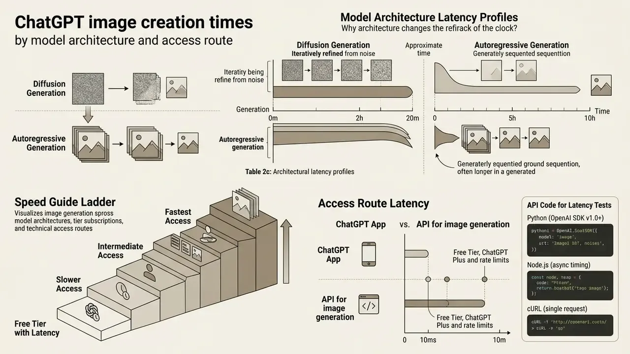 Diagram comparing ChatGPT image creation time across model architectures, access routes, and subscription tiers