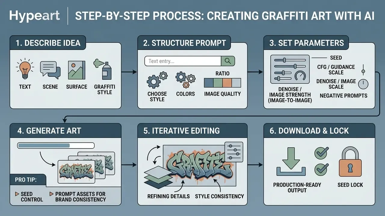 Six-step infographic detailing the workflow for using an AI graffiti generator to create street art