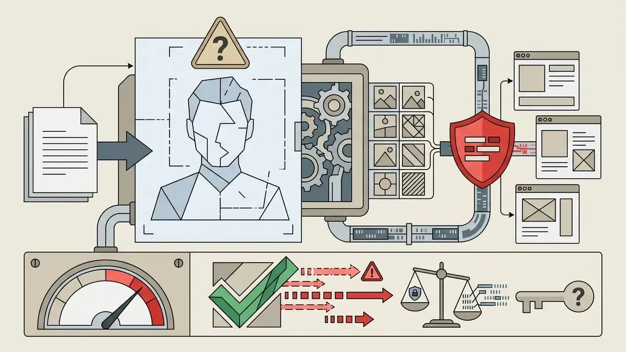 Diagram showing facial data processing through AI image tools with risk assessment and privacy controls