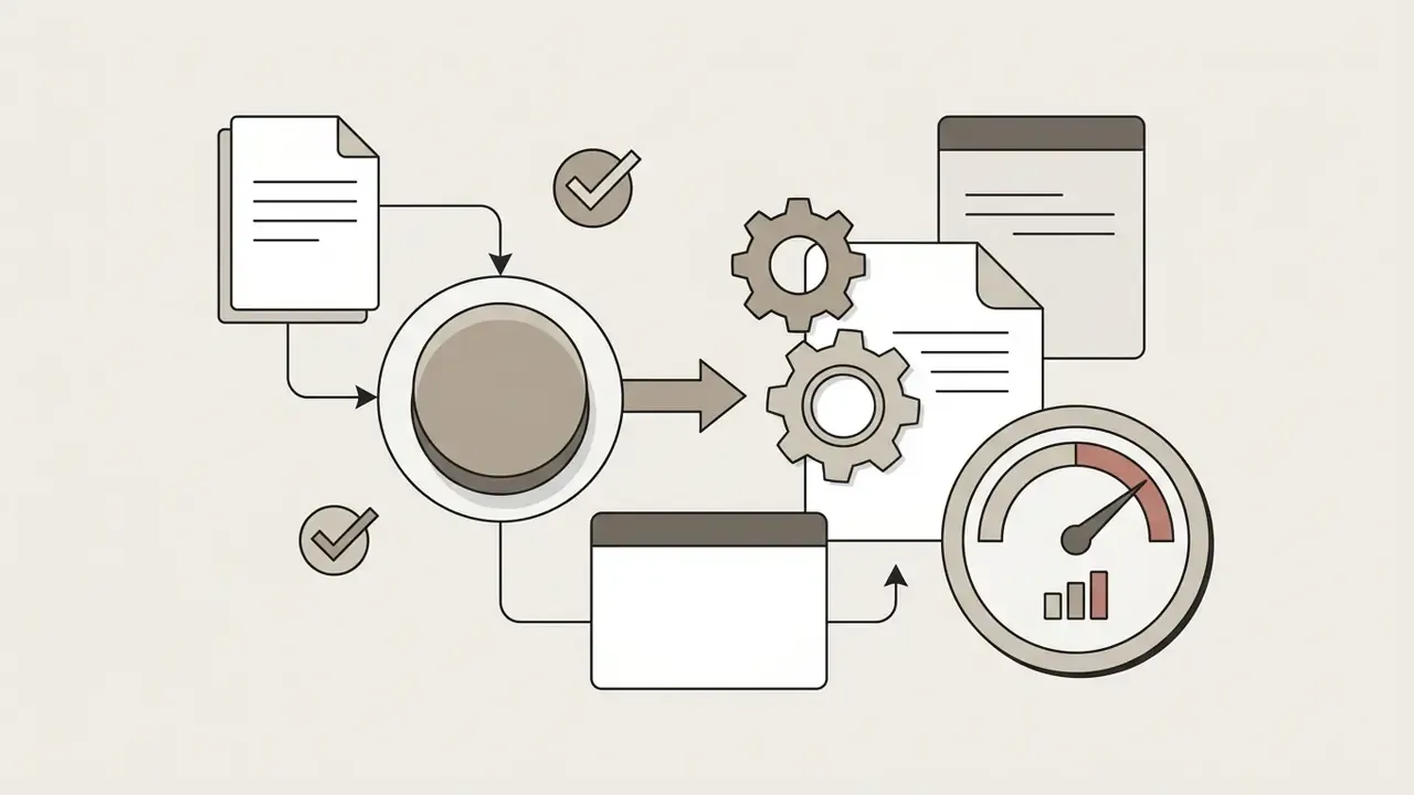 Document icons feeding into a central button and gear mechanism linked to a performance gauge