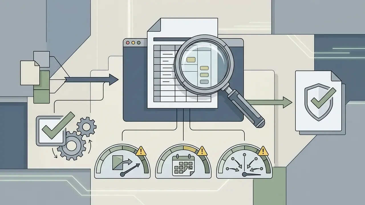 Magnifying glass inspecting a spreadsheet with gauges monitoring rules and calendar assumptions