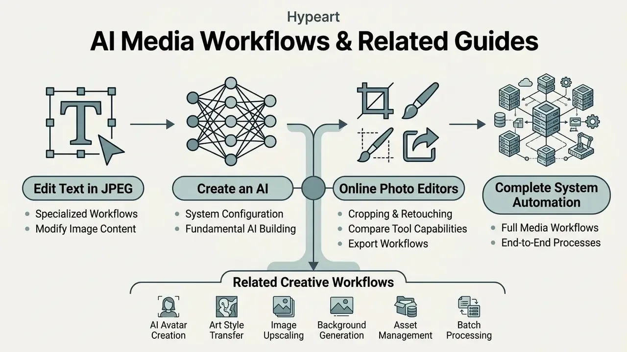 Conceptual map linking text editing, AI creation, and photo tools to integrated media automation systems