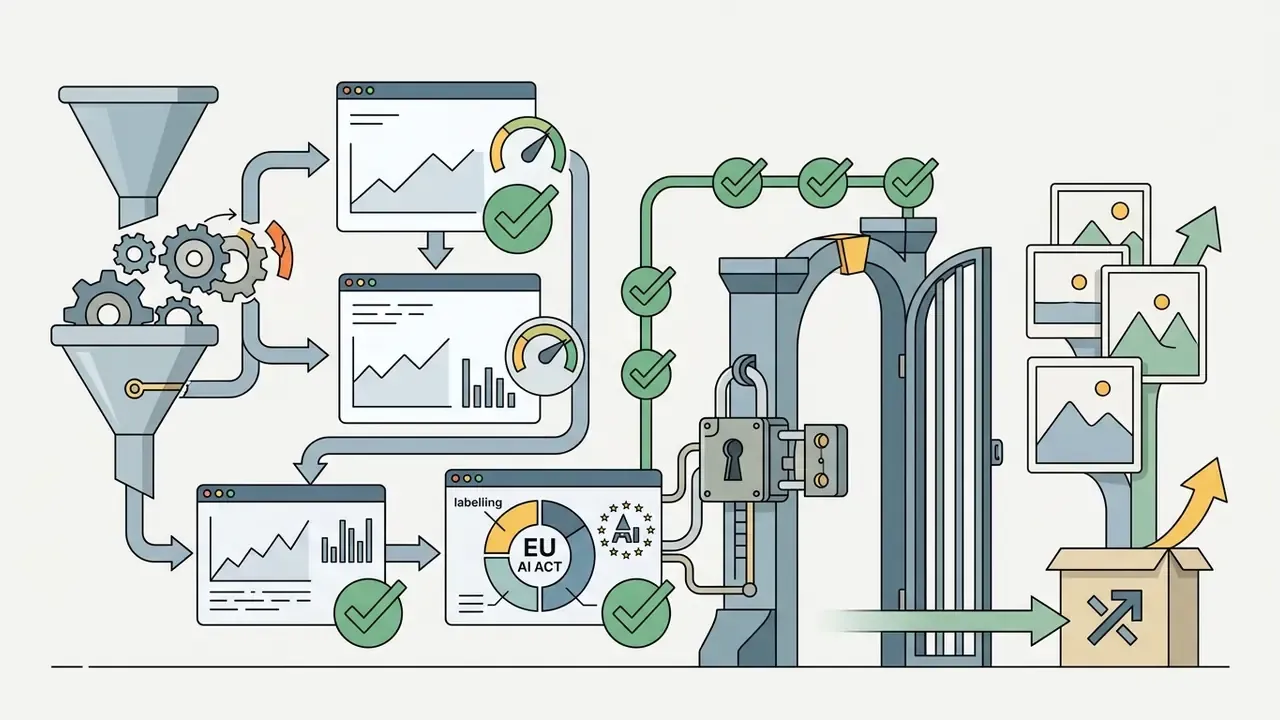 Process flow showing data funnels and compliance checks leading through a locked gate to generated images
