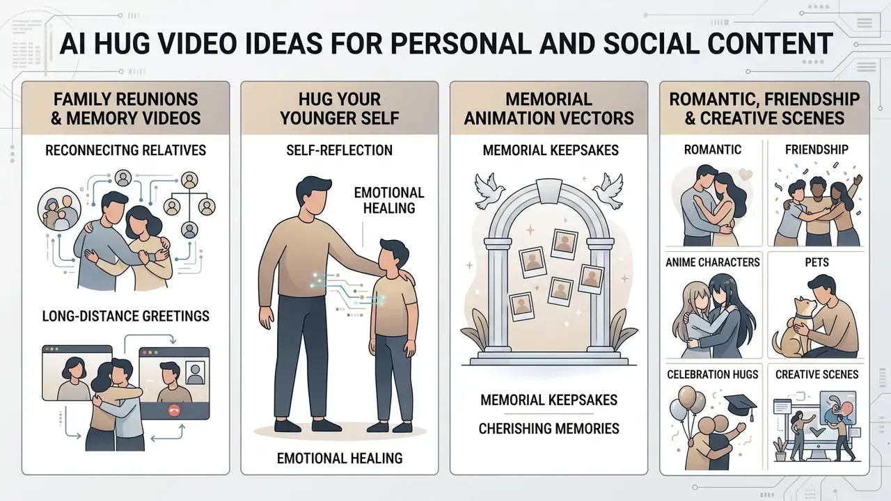 Infographic displaying creative concepts for using an ai hug video generator for personal storytelling