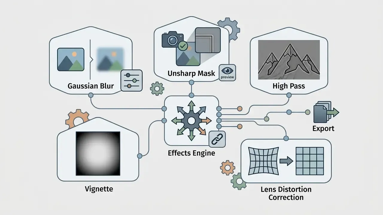 Central effects engine connecting various image processing filters like blur, mask, and lens correction