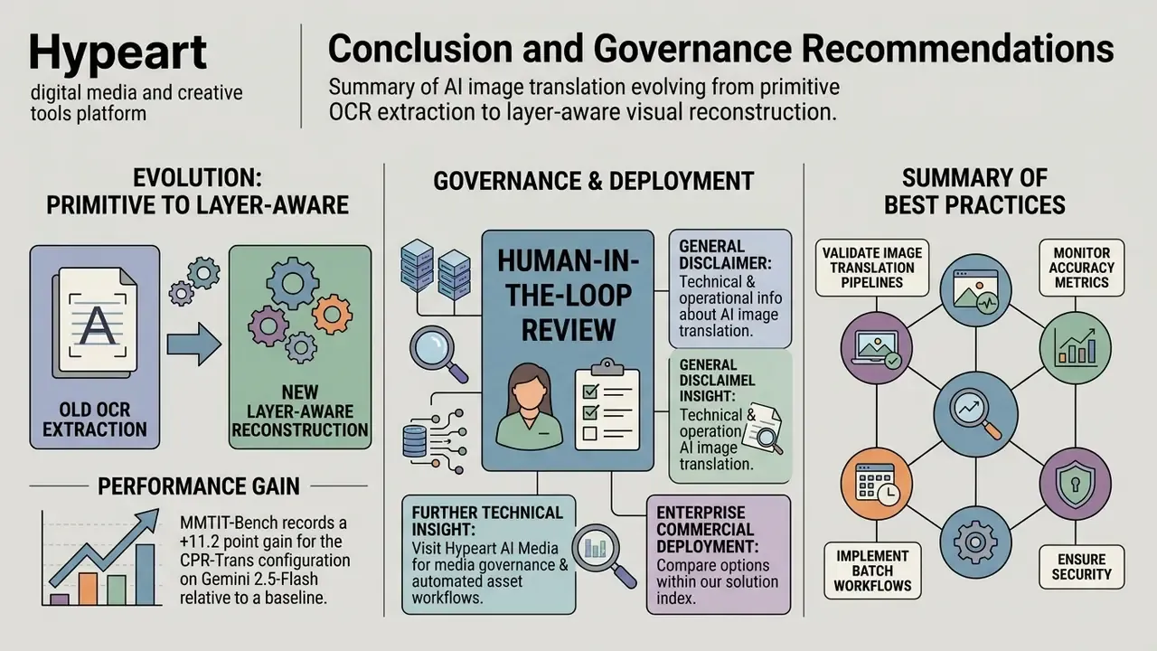 Three-column summary of technology evolution, human review governance, and operational best practices