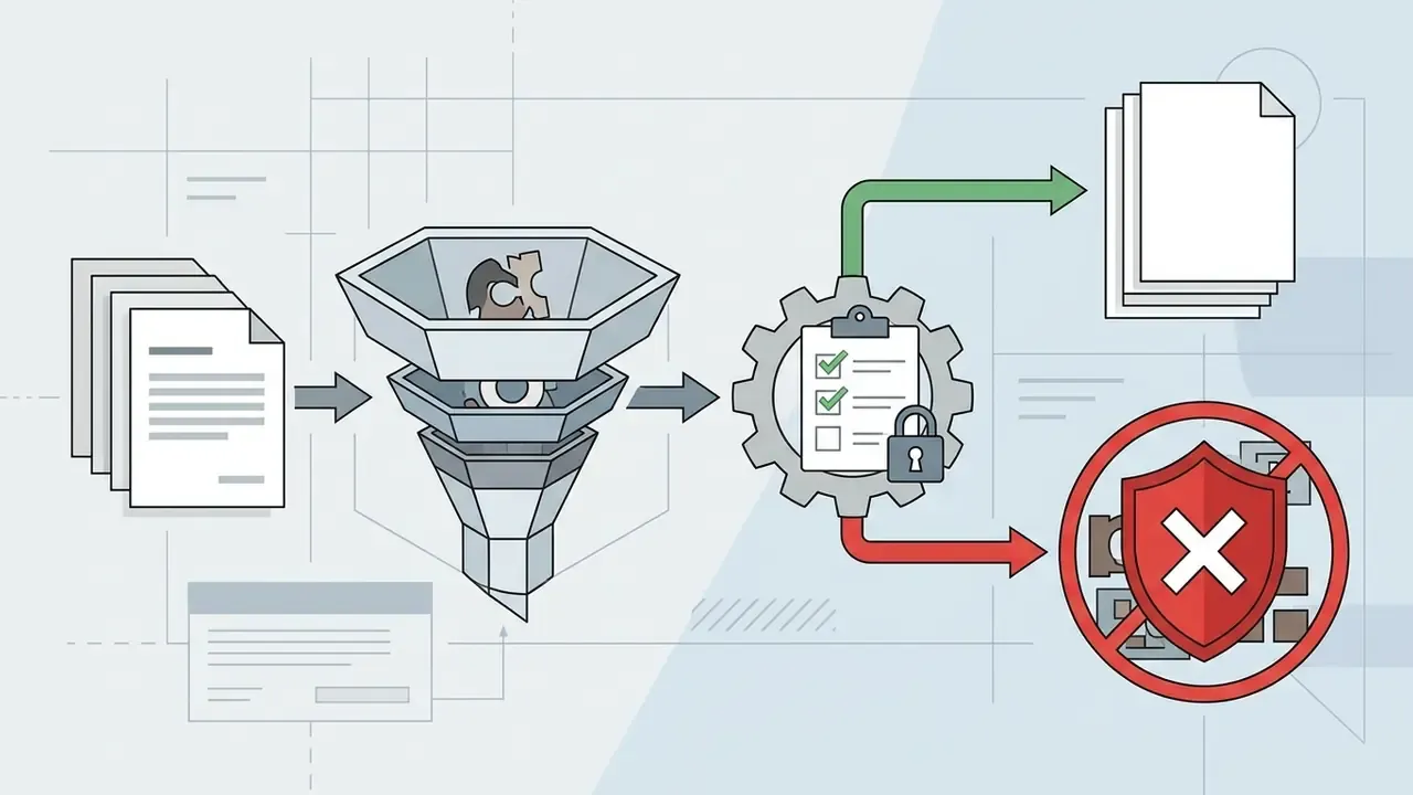 Documents feeding into a funnel and gear mechanism that sorts them into approved or restricted categories