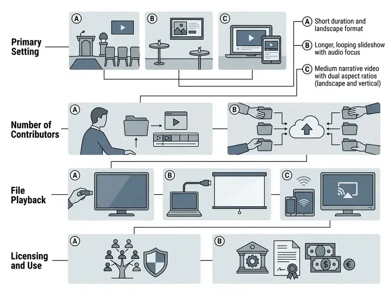 Flowchart comparing settings, contributor counts, playback methods, and licensing for video projects