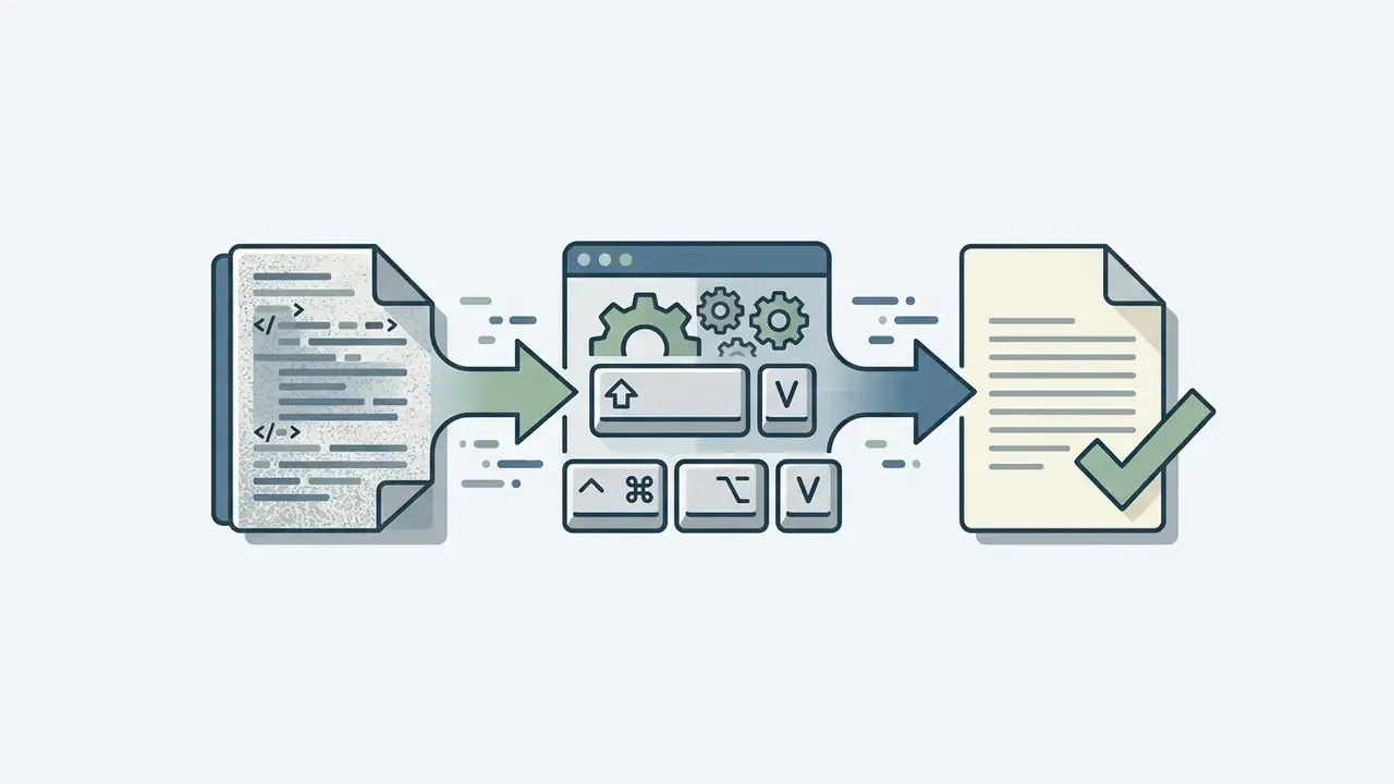 Code document feeding into a keyboard shortcut processing hub that outputs a clean formatted text page