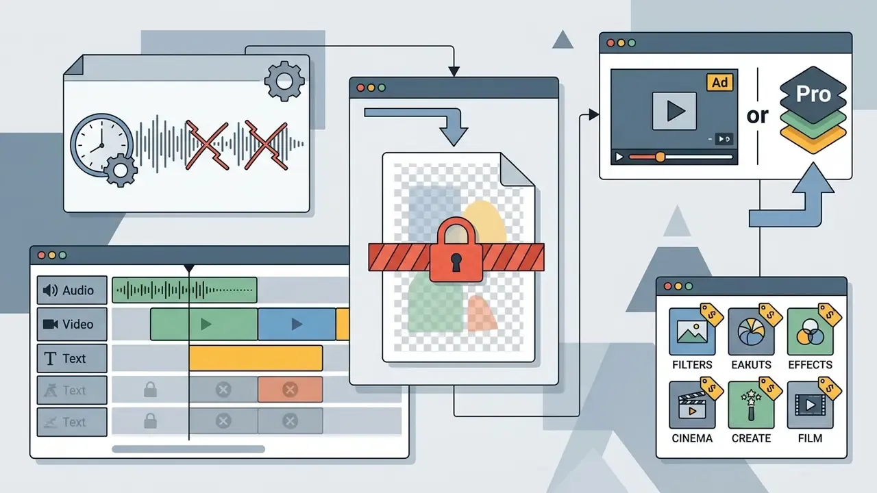 Workflow showing video editing limitations like watermarks, ad-based removal, and paid premium filter packs