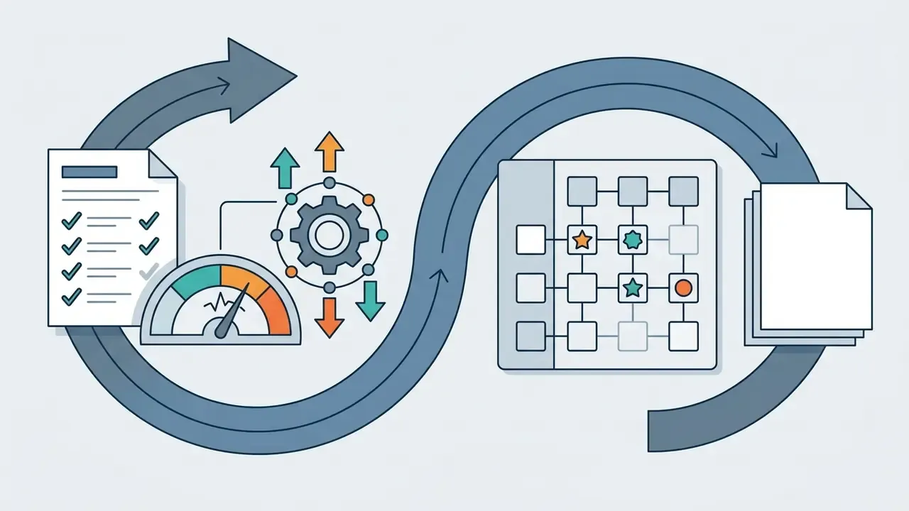 Checklist and gauge moving through a gear system toward a grid matrix and document for AI media workflows