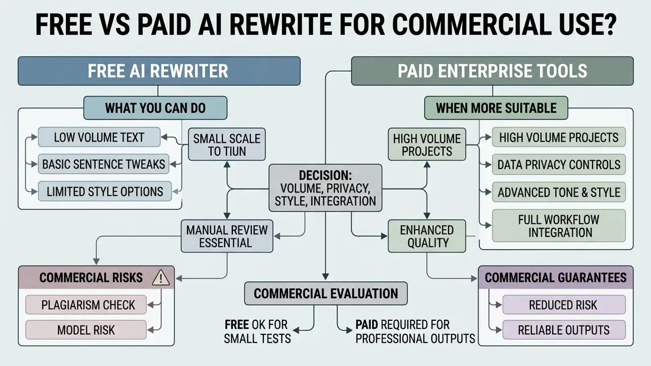 Decision tree comparing free versus paid enterprise tools based on volume, privacy, and workflow needs