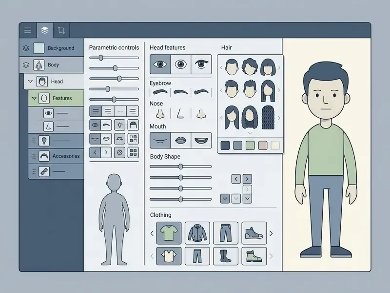 Digital interface with sliders and icons for selecting facial features, hairstyles, and clothing items