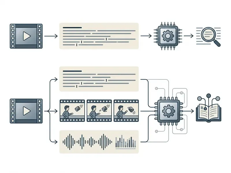 Diagram contrasting simple text transcript processing with complex multimodal video analysis