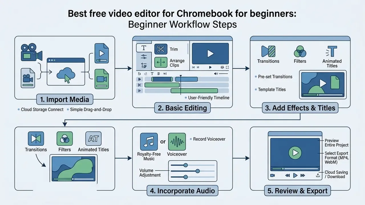 Five-step workflow diagram showing media import, editing, effects, audio integration, and final export