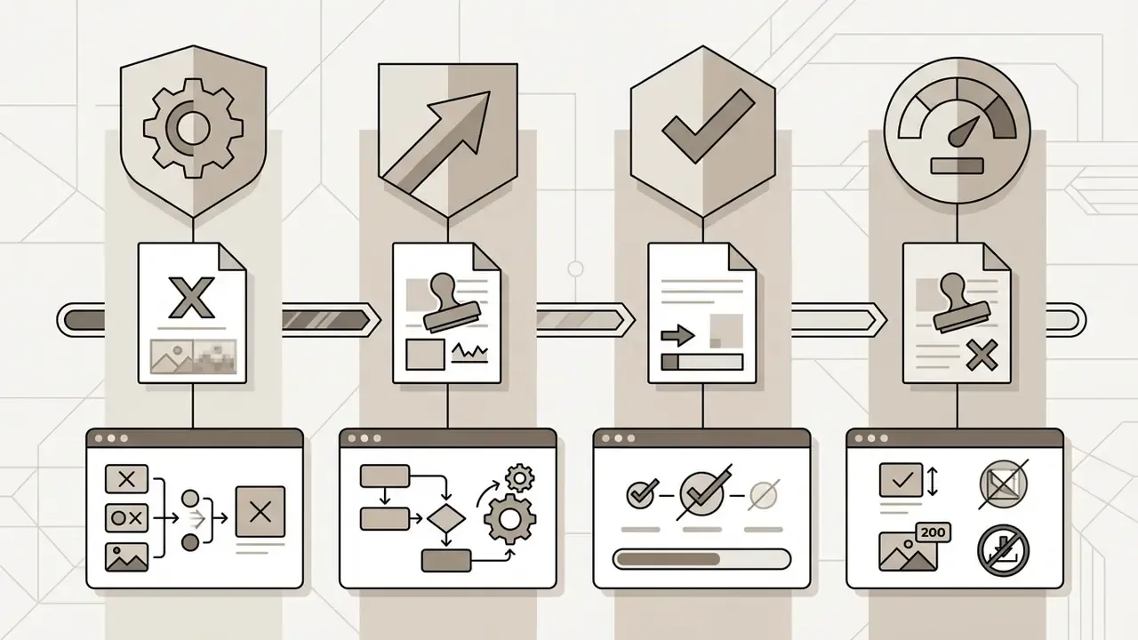 Four vertical columns showing software process steps with icons for settings, growth, and limitations