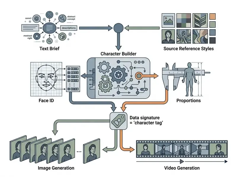 Diagram showing how text and visual inputs are processed to lock character features for use in media