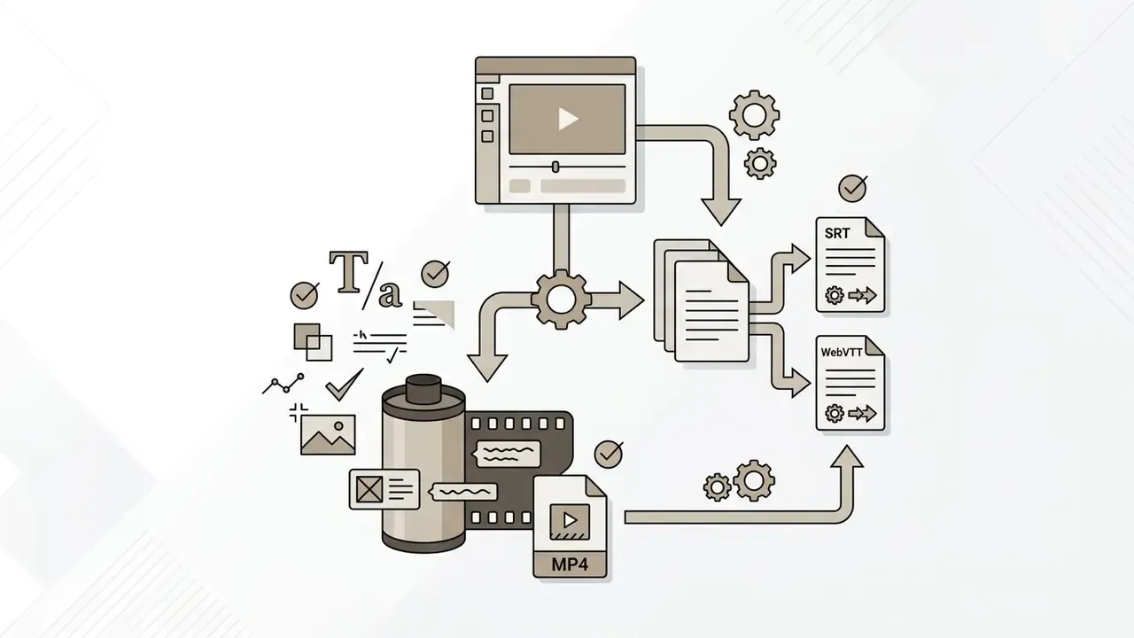 Video player interface connecting to typography settings and exporting into SRT, WebVTT, or MP4 files