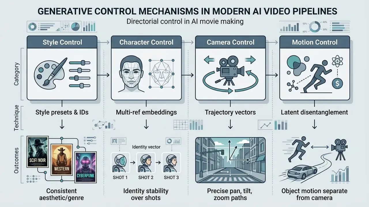 Four-column matrix mapping generative control categories to specific technical methods and visual outcomes