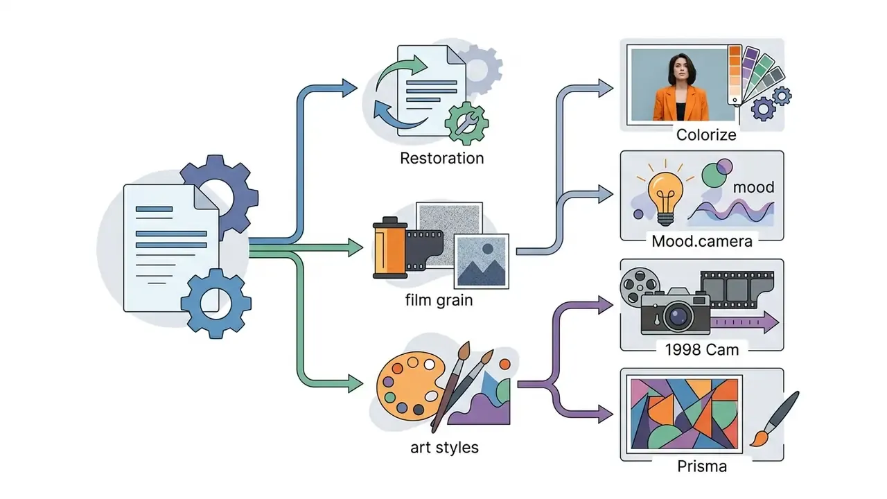 Document processing icons branching into specific app categories for restoration, film grain, and art styles