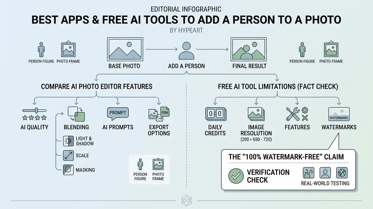 Infographic summarizing criteria for comparing AI tools to add a person to a photo and verifying claims