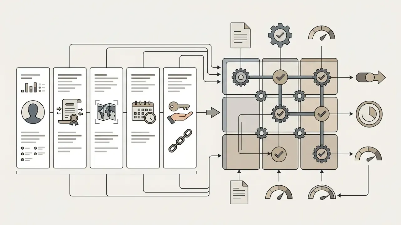 Registry fields feeding into a gear-driven processing grid that outputs status metrics and compliance checks