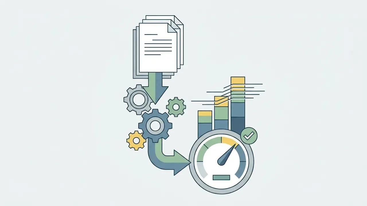 Stack of documents moving through mechanical gears toward a gauge and bar chart