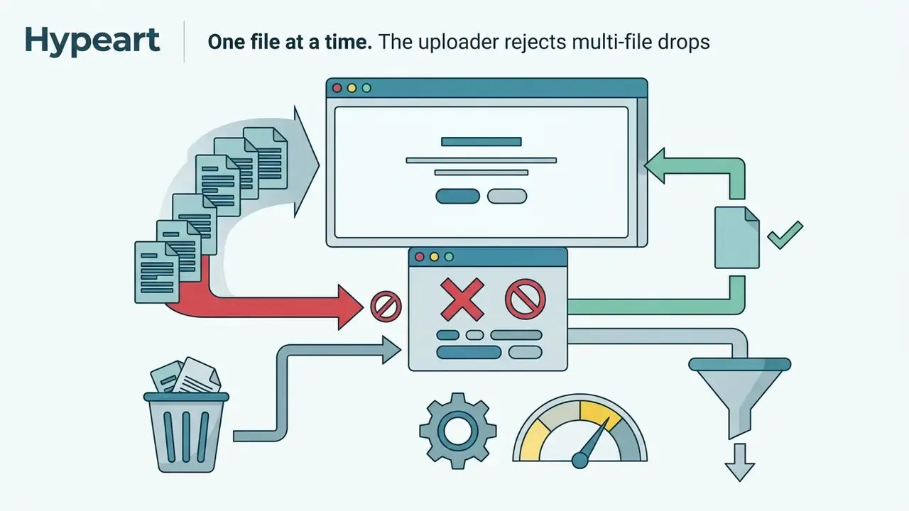 Multiple file icons being blocked by a red prohibition sign while a single file is accepted for processing