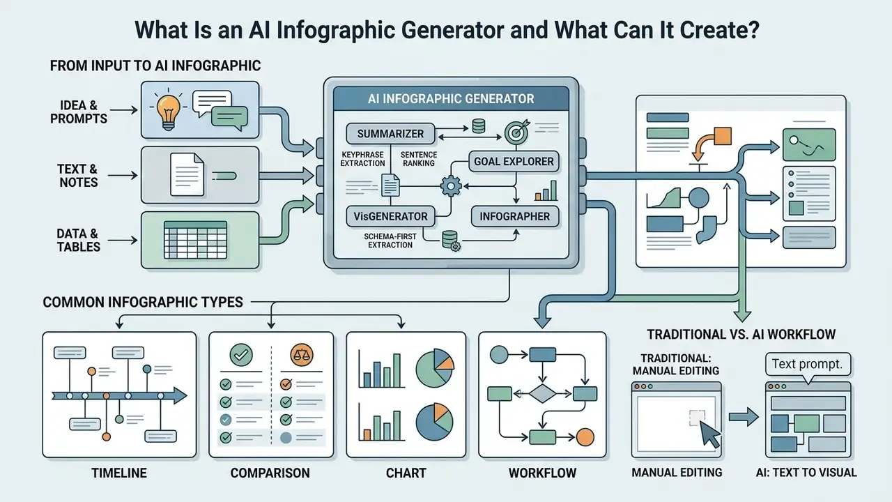 Flowchart showing how an AI infographic generator converts text and data inputs into visual assets