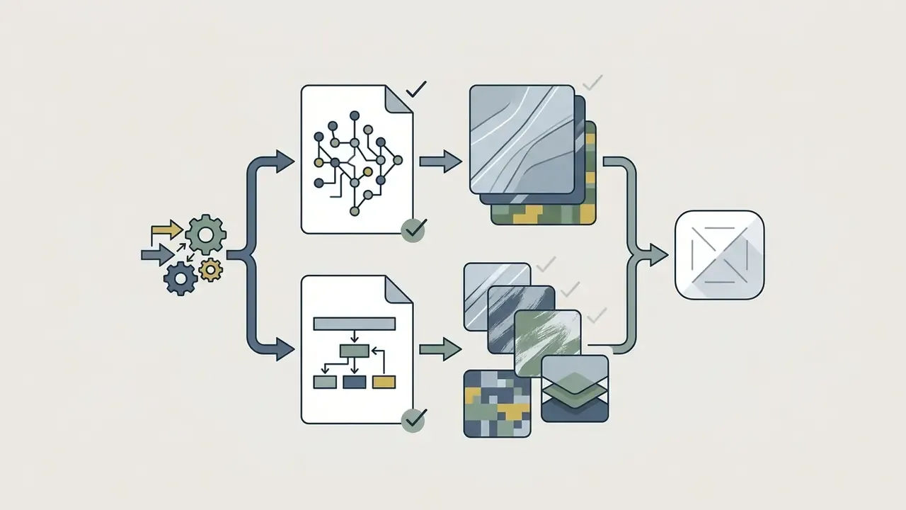 Process showing input gears splitting into two paths to create layered visual assets for a final icon