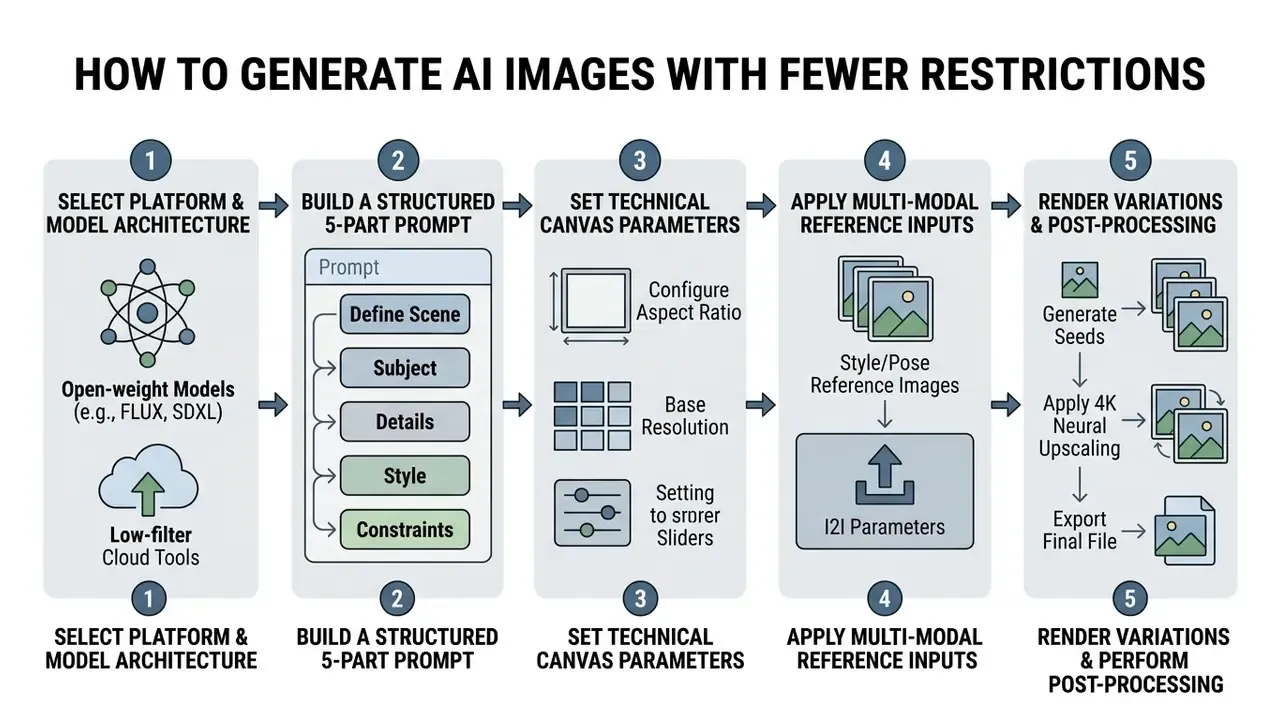 Five sequential steps for creating AI images displayed as a horizontal process flow diagram