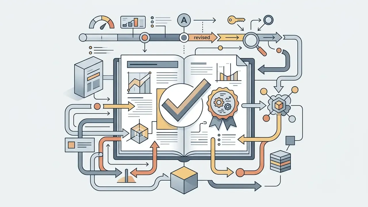 Open book with checkmark and badge icon surrounded by flow lines linking data blocks and research symbols