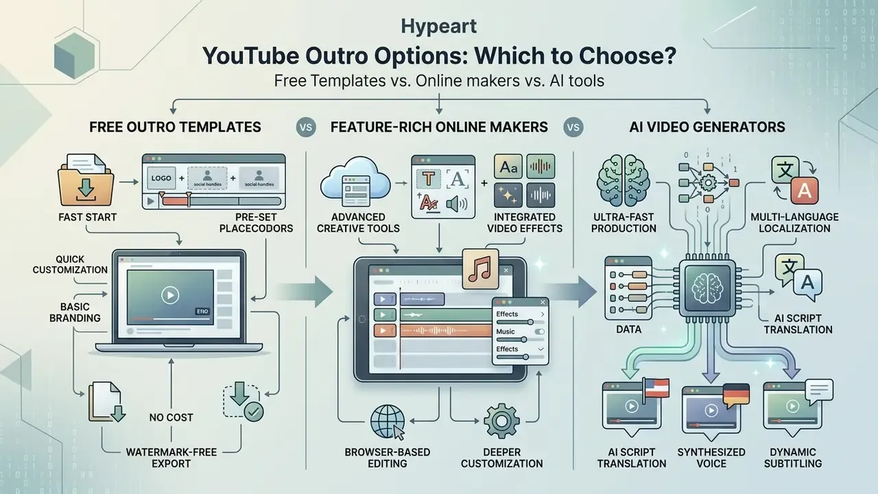Comparison chart of video production methods between free templates, online makers, and AI generators