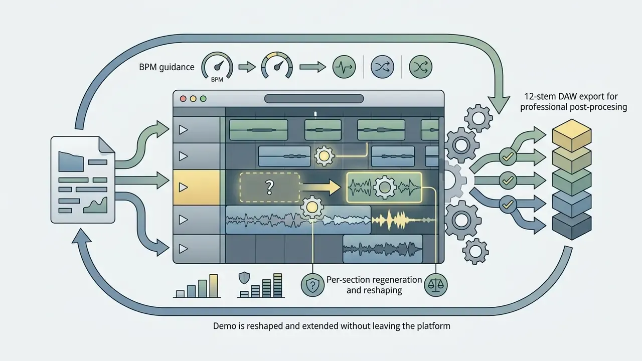 Multitrack editor interface showing per-section audio regeneration and gear-driven export to stems