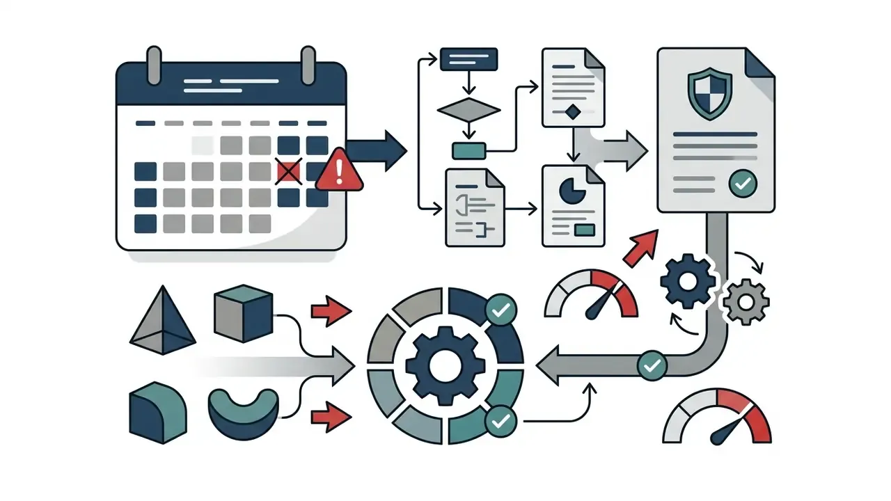 Calendar with alert icon connecting to document workflows and gear mechanisms for AI Video API pricing